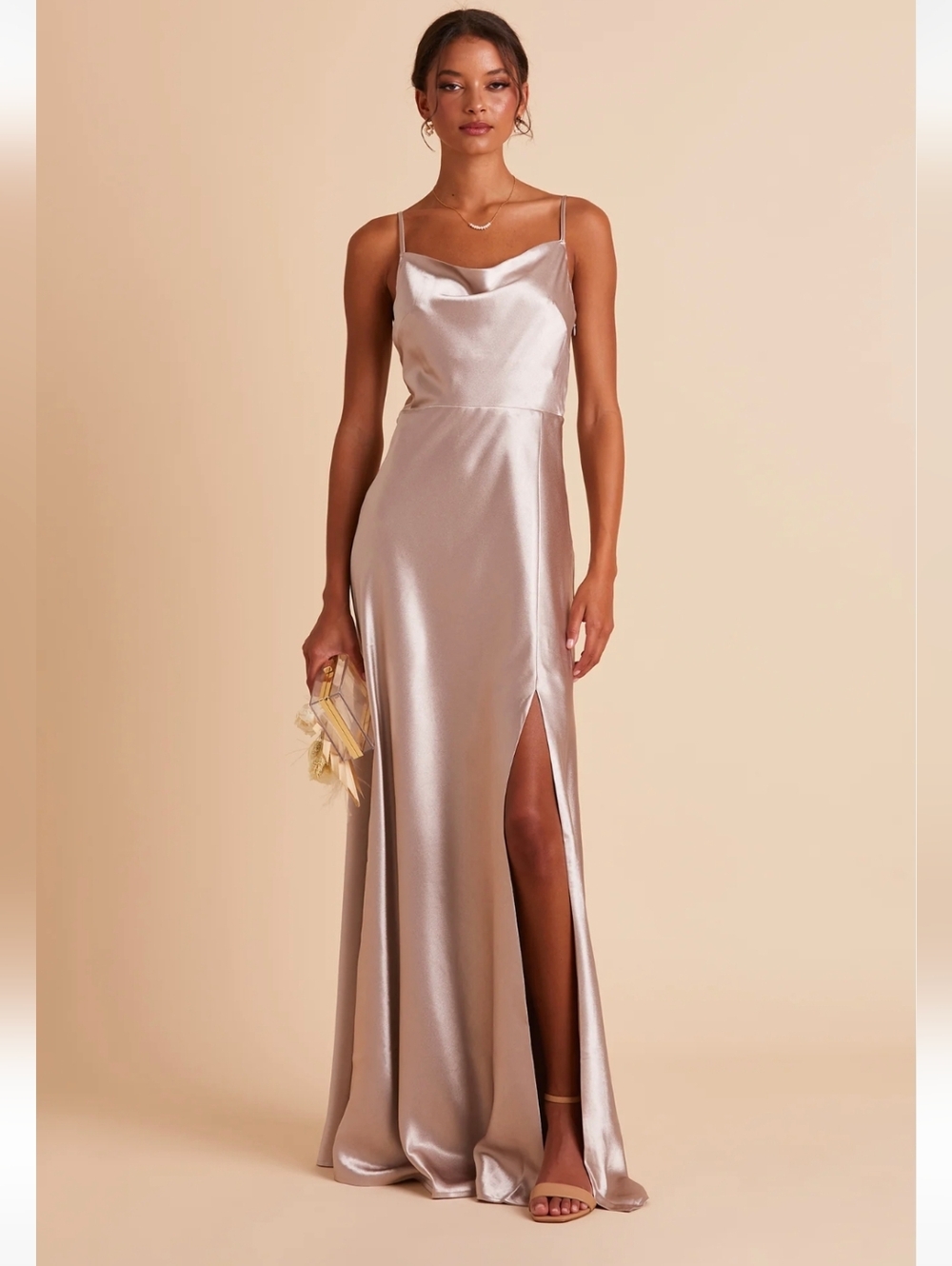EUC Birday Grey Lisa Taupe Satin Shiny Bridesmaid Dress